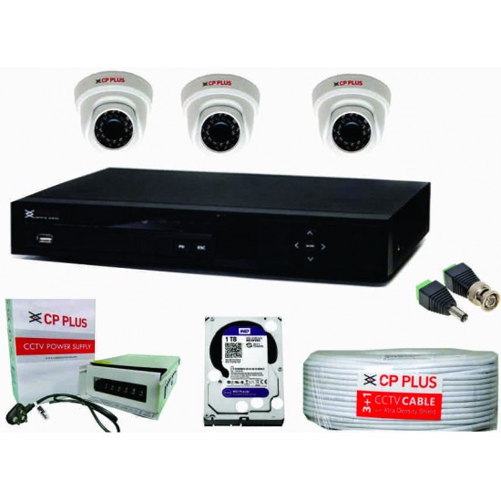 CP Plus 4 Camera Combo Set with 4Ch DVR, 3 Dome Color Night Vision Cameras, 1TB HDD, Power Supply, 90Mtr Cable, BNC & DC Connectors