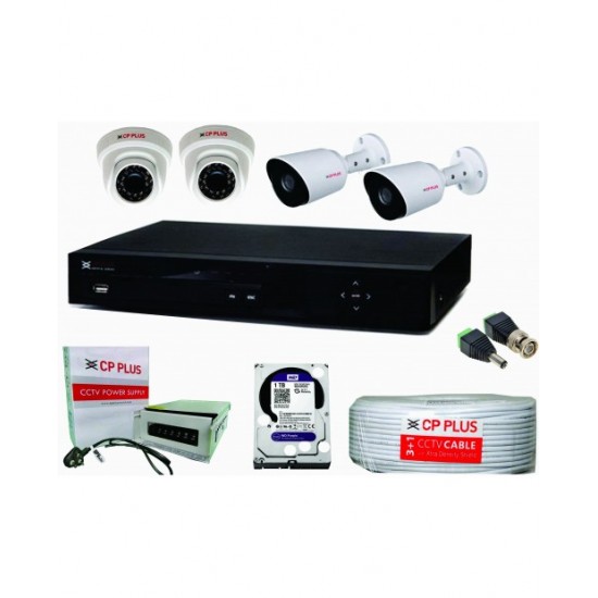 CP Plus 4 VGA Camera Combo Set with 4 Ch DVR, 2 Dome 2 Bullet Cameras, 1TB HDD, Power Supply, 90Mtr Cable, BNC & DC Connectors