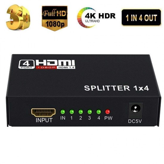 HDMI Splitter 1 in 4 Out, Supports Full HD 1080P, Four TVs at Same Time