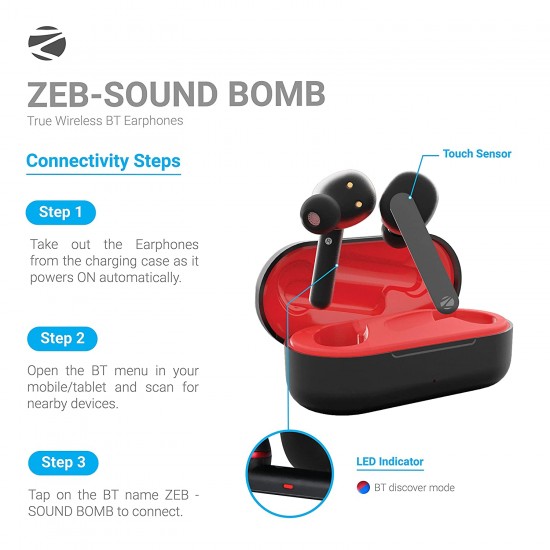 Zebronics Sound Bomb with BT 5.0 TWS Earphones with Touch Control,Call Function,Voice Assistant (RED+Black)